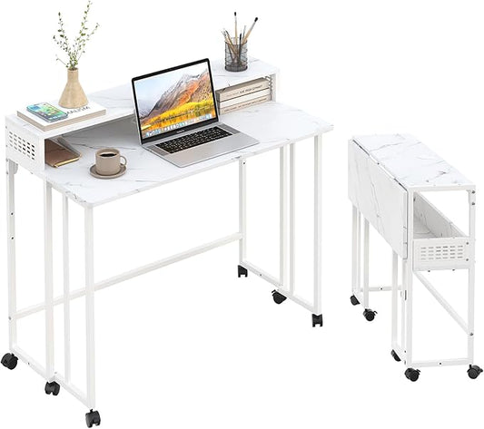 Gezen Folding Desk With Storage Shelf, Small Rolling With Wheels, Mobile Couch Sofa Side Table Bed for Home Office Small Space, White Marble, 39.4"