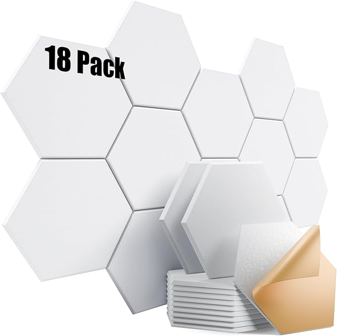18 Pack Self-Adhesive Acoustic Panels 12" X 10" X 0.4" - Sound Proof Foam Panels for Wall with High Density, Hexagon Design, Flame Resistant, Absorb Noise and Eliminate Echoes(White)