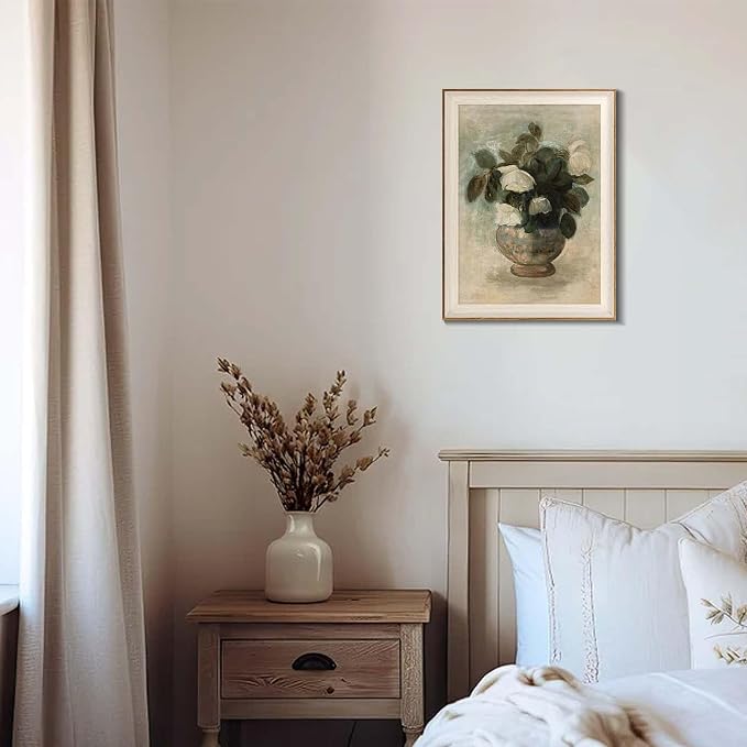 Uniro Vintage Floral Wall Art Framed, Neutral Flower Still Life Oil Painting, White Roses Canvas Prints Artwork with Antique Frame, Farmhouse Wall Decor for Bedroom, Kitchen, Shelf, Bathroom Wall Decor, Cottagecore Room Decor - 12x16Inch