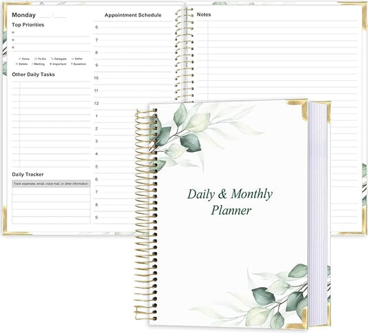 Undated Daily Monthly Planner for 2026 or Anytime - A4 To Do List with Hourly Schedule, Hardcover Spiral Bound Daily Planner to Increase Focus, Stylish School/Office Supplies, 8.5" x 11", Green Leaf