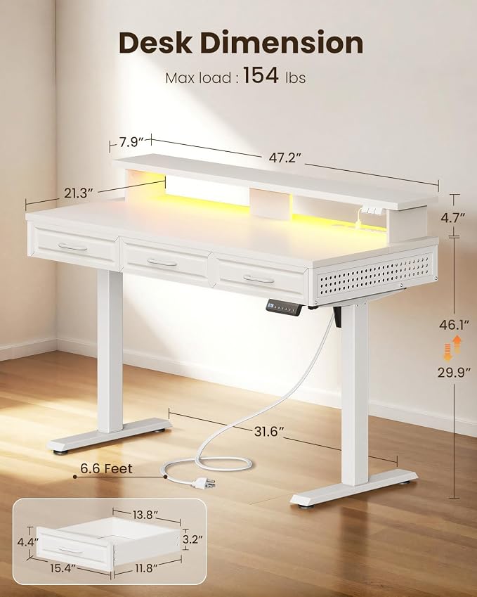 OffiGo 48 Inch Electric Standing Desk, White, 3 Wood Drawers, Monitor Stand | 3 Outlets & 2 USB Ports, 20 LED Modes, 3 Memory Heights, 29.9"-46.1" in Range, Cable Management Tray, 154 lb Capacity
