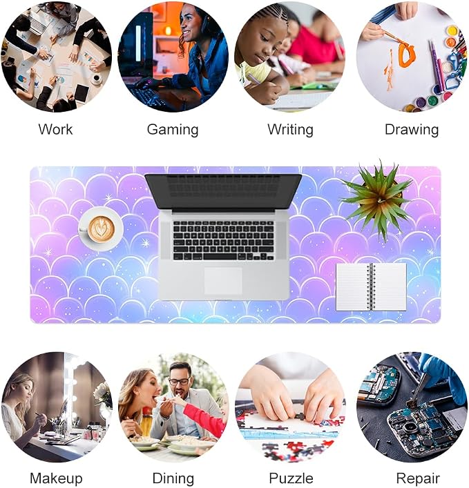 QiyI Multifunctional Office Desk Pad, Water-Resistant PU Leather Mouse Pad, Home Décor Large Desk Organizer Mat, Non Slip Base Writing Pads for Home & Office 31.5" x 11.8" - Mermaid Scales