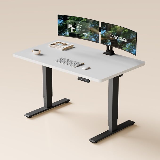 SANODESK Dual Motor Standing Desk 220lbs Height Adjustable Desk | 48"x30" Spacious One-Piece White Desktop & Black Frame, 4 Memory Presets, 3-Stage Legs, 220lbs, 2-Box for Home & Office