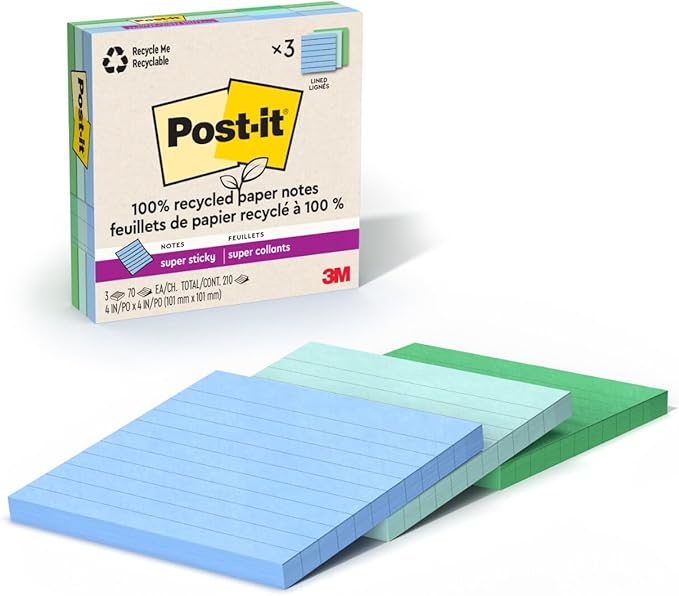 Post-it 100% Recycled Paper Super Sticky Notes, Lined, 4 in. x 4 in., 3 Pads, 70 Sheets per Pad, Oasis Collection, New Year Organization or Second Semester School Supplies