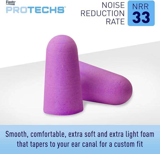 Flents Protechs Foam Ear Plugs, 10 Pair with Case for Sleeping, Snoring, Loud Noise, Traveling, Concerts, Construction, Studying, Work, Shooting, NRR 33, Purple,Disposable, Made in the USA (Pack of 2)