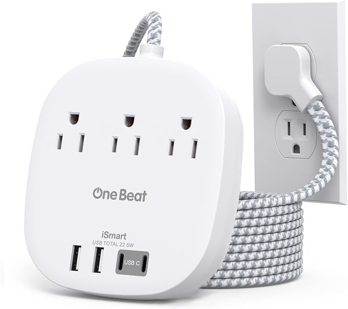 22.5W/4.5A Surge Protector Power Strip for Travel, 3 Outlets with 4 USB Ports (2 USB C), Flat Plug Extension Cord 6 Feet, Desktop USB Charging Station for Home, Office, College Dorm Essentials