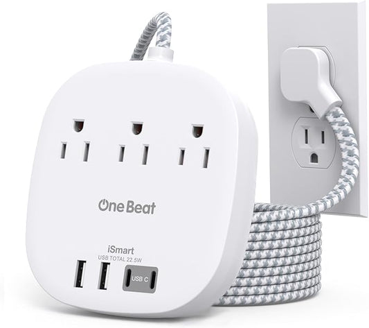 22.5W/4.5A Surge Protector Power Strip for Travel, 3 Outlets with 4 USB Ports (2 USB C), Flat Plug Extension Cord 6 Feet, Desktop USB Charging Station for Home, Office, College Dorm Essentials