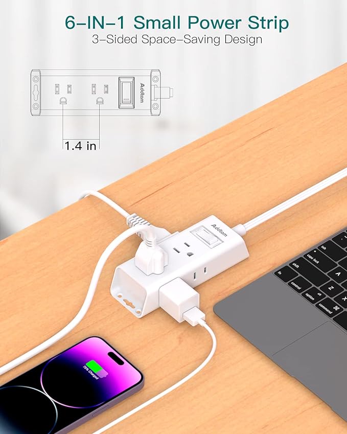 Flat Extension Cord 15 ft - Addtam Flat Plug Power Strip with 6 Outlets Extender, Long Extension Cord with Multiple Outlets, Wall Mount for Home Dorm Room Essentials, ETL Listed