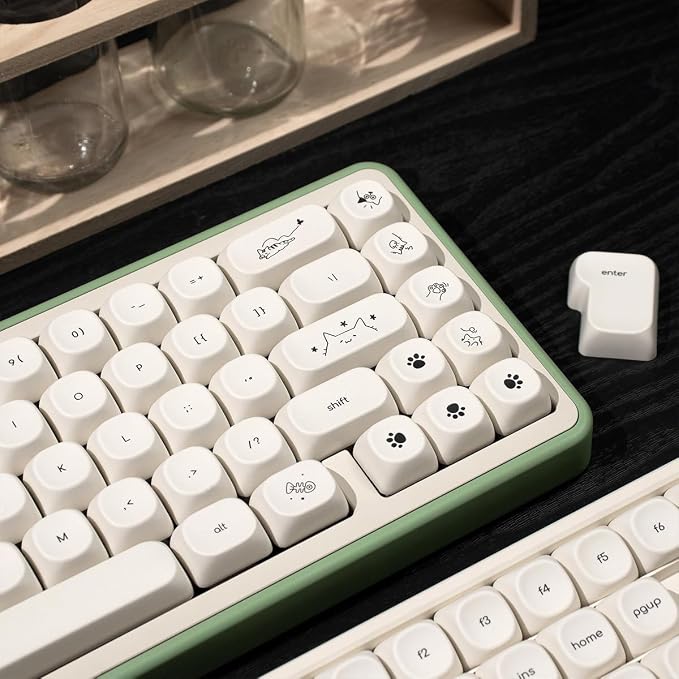 MOA Profile Cute Cat Keycaps, 124keys PBT Keycaps Set, Minimalist White Keyboard Caps, Custom Dye Sublimation Key Caps for 61/64/68/84/87/100/104/108 Cherry MX Mechanical Keyboards(124 Keys)