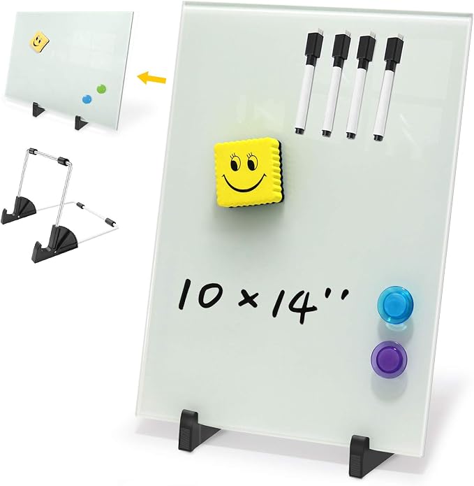 Magnetic Small Glass Whiteboard Desktop, ZHIDIAN 14x10 Portable Tempered Glass Dry Erase Board Panel with Adjustable Stand for Desk, Tabletop Glass Writing Board Easel for Office Home