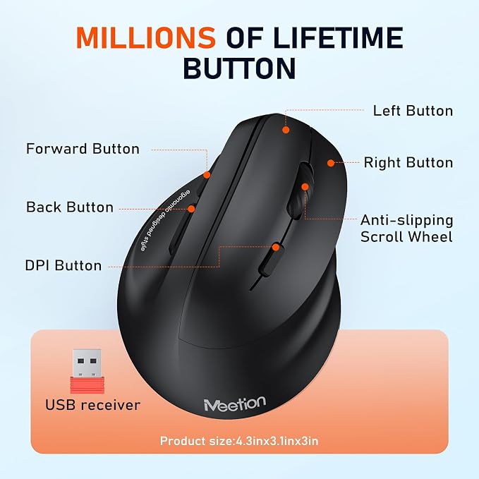 MEETION Ergonomic Mouse, Wireless Vertical Mouse RGB Backlit Rechargeable Mice for Bluetooth(5.2 + 3.0) & USB, 4 Adjustable DPI for Mac/Windows/Andriod/PC/Tablet/iPad, Black