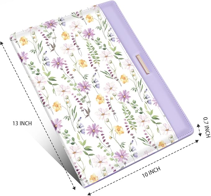 Padfolio/Resume Portfolio Folder for Women Men, WAVEYU Cute Chic Padfolio Cover Folder, Conference/Legal Document Organizer with Letter/A4 Size Clipboard, Document Sleeve, Purple Flower
