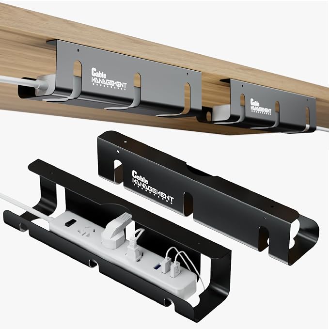 Under Desk Cable Management Tray, 2 Pack 16 Inch Black Metal Cord Organizer, No Drill Adhesive or Screw Mount for Glass/Marble/Office/Gaming Desk, Black