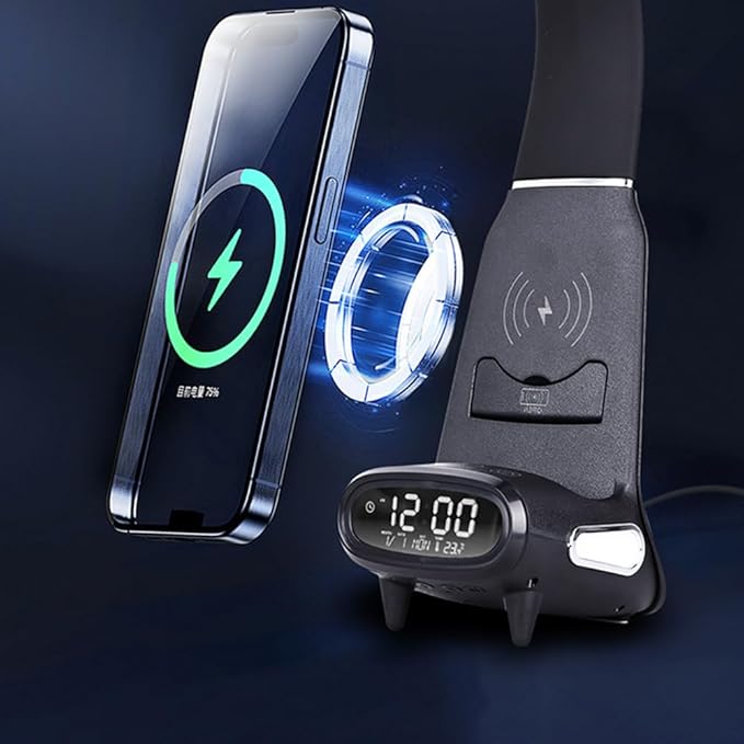 IHAO Multi Functional Smart Eye-Care Desk Lamp Wireless Charger & Digital Alarm Clock Gesture Control Adjustable Light 15W Fast Charging Hidden Phone Stand, Date Timer Display Wake-Up Light-TX79 White