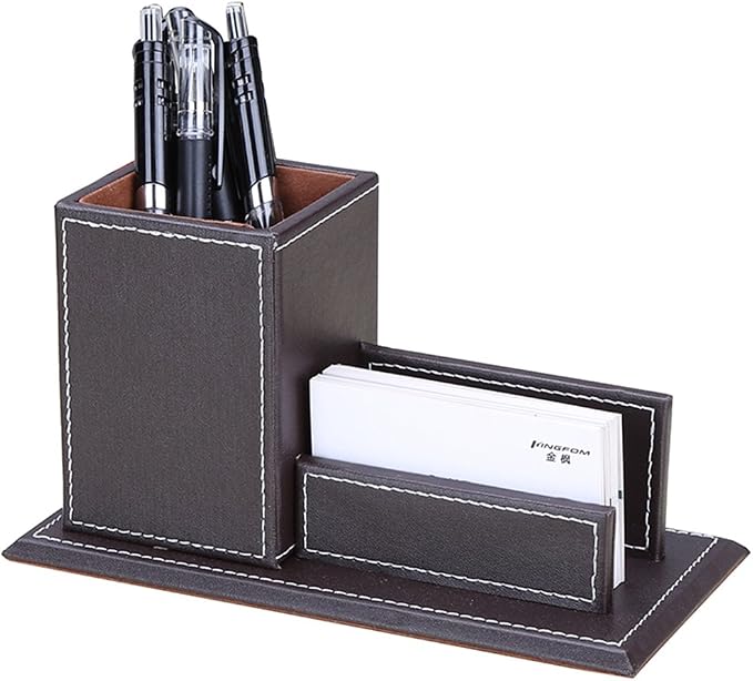 PU Leather Desk Organizer and Accessories, Pencil Holder for Desk with Business Cards Stand, School Office Supplies Collection Caddy Brown