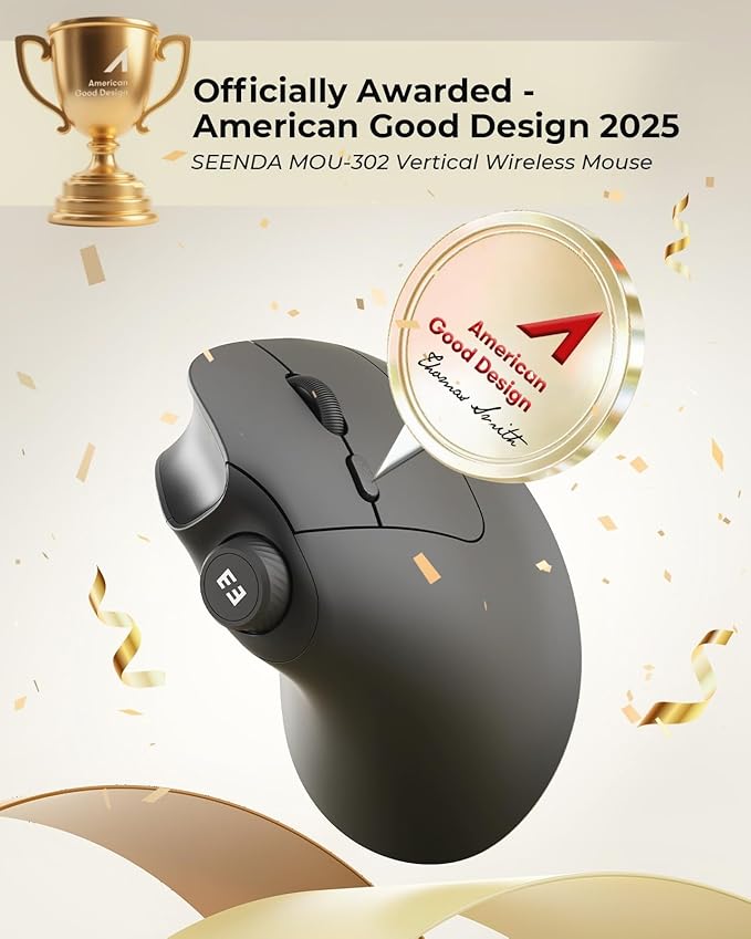 seenda Ergonomic Mouse Wireless, MOU-302 Bluetooth Vertical Mouse Rechargeable, Volume Knob, Silent Mice & 1000/1600/2400 DPI, 3 Multi-Device Connection for Windows/PC/Laptop/Mac/MacBook, Black