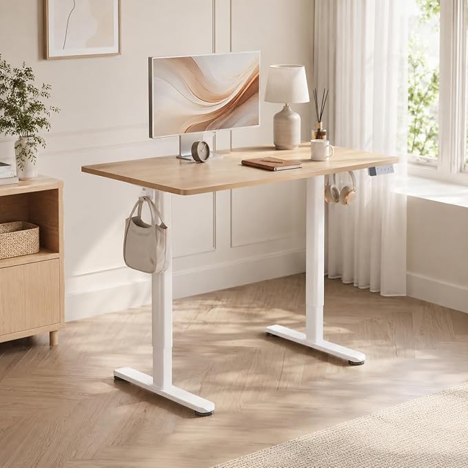 Claiks Electric Standing Desk 48x24 Inch Adjustable Desk, Nature | 156lbs weight capacity, 3 memory presets, industrial steel frame, cable management hub, adjustable height , easy assembly