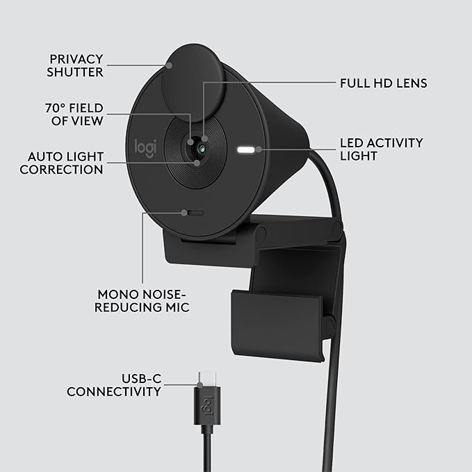 Logitech Brio 301 Full HD Webcam with Privacy Shutter, Noise Reduction Microphone-Off White + Litra Glow Premium LED Streaming Light with TrueSoft, adjustable monitor mount