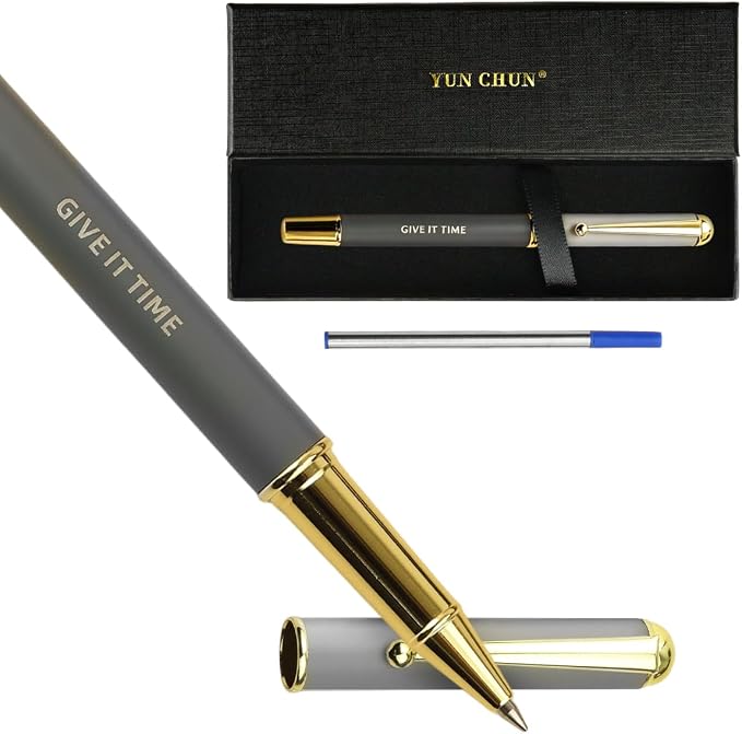 YUNCHUN Luxury Inspirational Rollerball Pen Set Gifts for Women & Men, Metal Pens with Motivational Words, Smooth Black Ink Medium Point, Elegant Executive Gift Pens with Extra Blue Refill, Gray