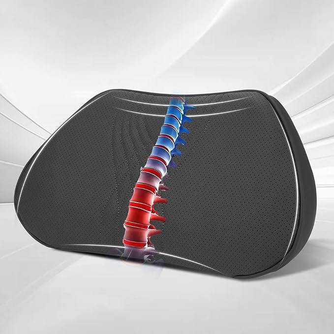 Lumbar Support Pillow for Car Seat, Office Chair, Black, 1PC | Leather Lumbar Pillow Memory Foam Lower Back Cushion for Back Pain Relief Improve Posture, Ergonomic Back Rest Gaming Chair