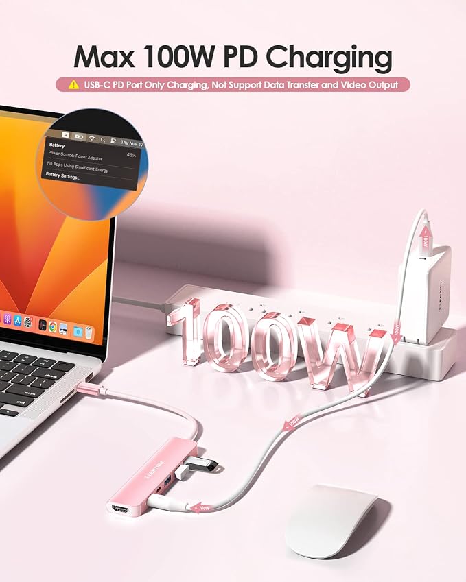 LENTION USB C Hub, Multiport with 4K@60Hz HDMI, 3xUSB-A Ports, USB-C Data Port, 100W PD Port, Compatible New MacBook Pro/Air, iPhone 17 Pro/Pro Max, Surface, Chromebook, More(CE35p, Rose Gold)