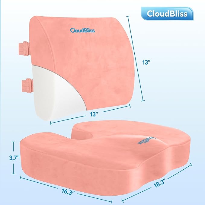 CloudBliss Lumbar Support Pillow & Seat Cushion Set for Office Chair, Desk Chair, Wheelchair & Car – Memory Foam Back Support, Ergonomic Chair Cushions, Sciatica Pain Relief, Home Essentials(Pink,XL)