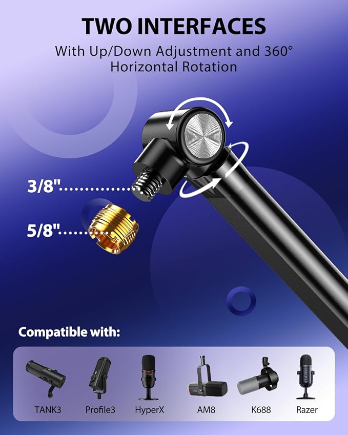 UBeesize Microphone Boom Arm, Aluminum Alloy Mic Arm Stand for Blue Yeti, HyperX QuadCast, Shure SM7B and Other Mic, 360° Rotatable Head Mic Arm Desk Mount with 3/8" to 5/8" Adapter for Podcast Gaming
