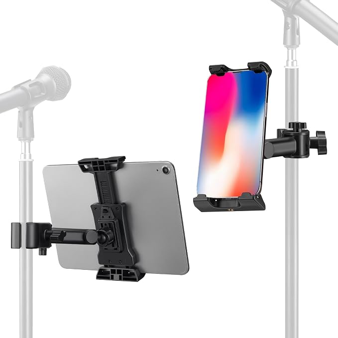 LEKATO Tablet Holder for Mic Stand, Adjustable Microphone Music Stand Phone Holder Mount, Compatible with iPad, iPhone, All 4.7-13.5 Inches Tablets & Smartphones