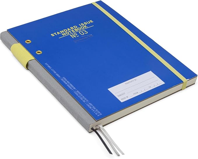 DesignWorks Ink Standard Issue Notebook No. 3, Undated Daily Planner & Writing Journal, 192 Lined Pages, Pen Holder, Small Notebook for Work & Journaling, 6.75 x 8.5 in, Cobalt & Citron
