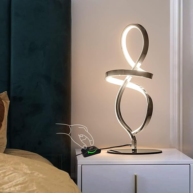 Mayful Modern Table Lamp with LED Unique Spiral Design, Small Nightstand Lamp with Stepless Dimming Switch, Chrome Bedside Lamps for Bedroom, Nightstand, Living Room, Office, 12W 3200K Warm White