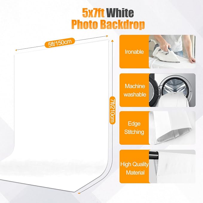 White Backdrop Stand Kit 5x6.5ft with T-Shaped Stand, White Screen Background with Reverse Folding Base Portable Carrying Bag and 5 Clamps for Photography Streaming, Gaming, Video Recording