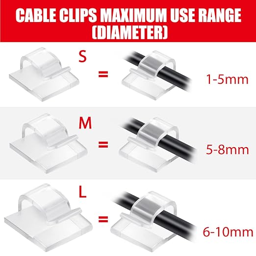 Maitys 60 Pcs Adhesive Cable Wire Clips Outdoor, Christmas Light Clips Cable Management Cord Holder Organizer for Fairy String Light Under Desk, Wall, Car, TV PC Ethernet(Medium,Clear)