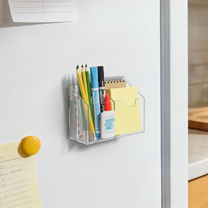 AITEE Magnetic Pen Holder for Refrigerator, Whiteboard & Locker (Small) | acrylic, 3-magnet organizer, non-slip pads, holds markers, pens, scissors, notes, accessory for office, classroom, kitchen