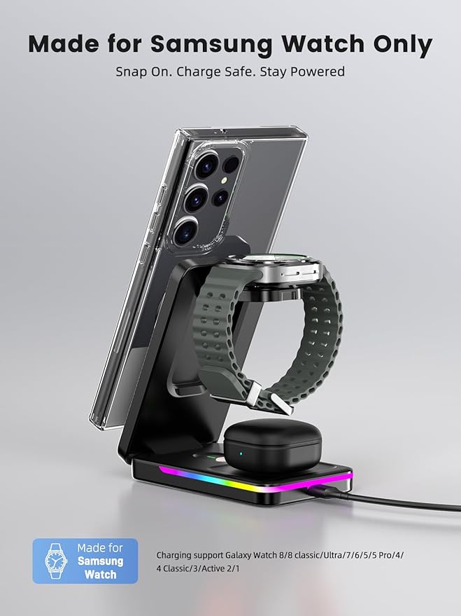 Wireless Charger for Samsung, 3 in 1 Charging Station for Samsung - Magnetic Android Charging Station for Galaxy S26 Ultra, Z Fold/Flip & Buds4 Pro - Nightstand Organizer & Bedside Charger for Travel
