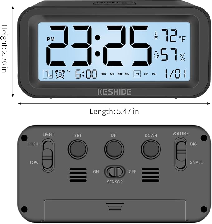 Night Light Digital Alarm Clock Battery Operated with Indoor Temperature Humidity, Desk Small Clock,Snooze Model,12/24H Display for Bedrooms Heavy Sleepers Kids Travel Bathroom (Black)