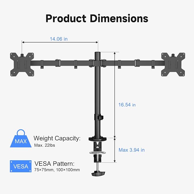 Pholiten Dual Monitor Stand, Heavy Duty Adjustable Monitor Arm Desk Mount for 2 Screens up to 32 Inches, Tilt, Swivel, Rotate, Supports 22 lbs Per Monitor Arm