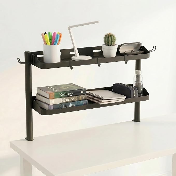 Clamp on Desk Shelf, 24in 2-Tier Office Desk Shelves Organizer, Shelf for Top of Desk with Headphone Holder and Hooks, Desktop Storage Rack for Home Workspace, Study Rooms, Gaming Accessories
