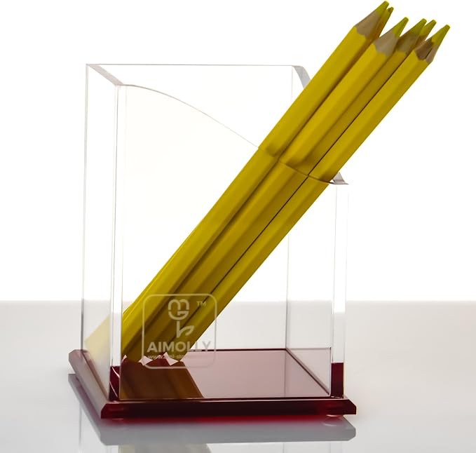 Red Acrylic Pencil Pen Holder Cup, Desk Accessories Holder,Makeup Brush Storage Organizer, Modern Design Desktop Stationery Organizer for Office School Home Supplies, 3.1x 3.1x 4.3 inch