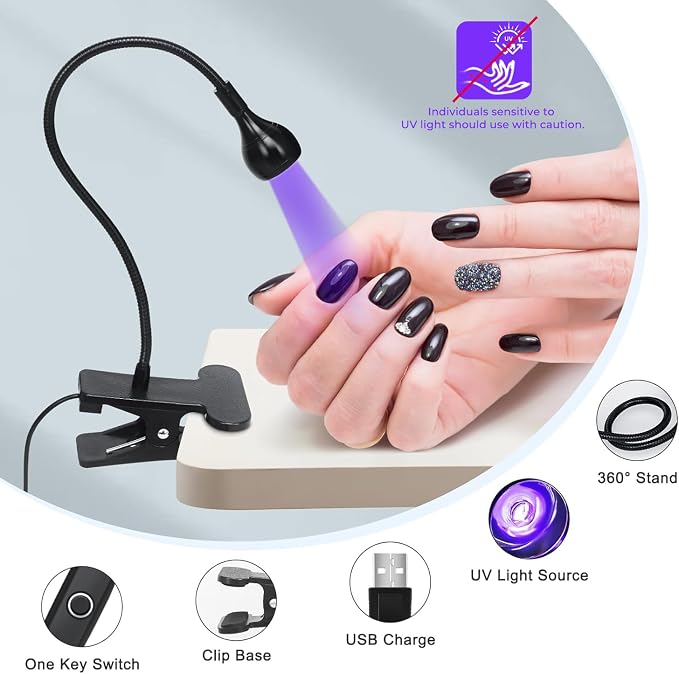 UV Nail Lamp - UV Light for Gel Nails, Flash Cure Lamp, LED Gooseneck Flash Cure Lamp for Nails, Manicure Dryer Black Light with Clamp, 365+395nm Wavelength 5V 3W 4 Levels Dimming Black
