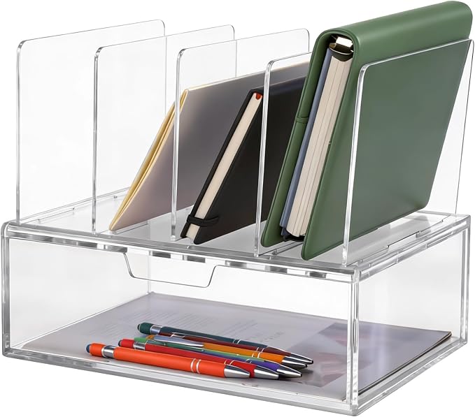 Desk Organizers and Accessories, Clear Acrylic Desktop Organizer with Drawer & Vertical Slots, Modern Office Supplies Organization Storage for Home, Office