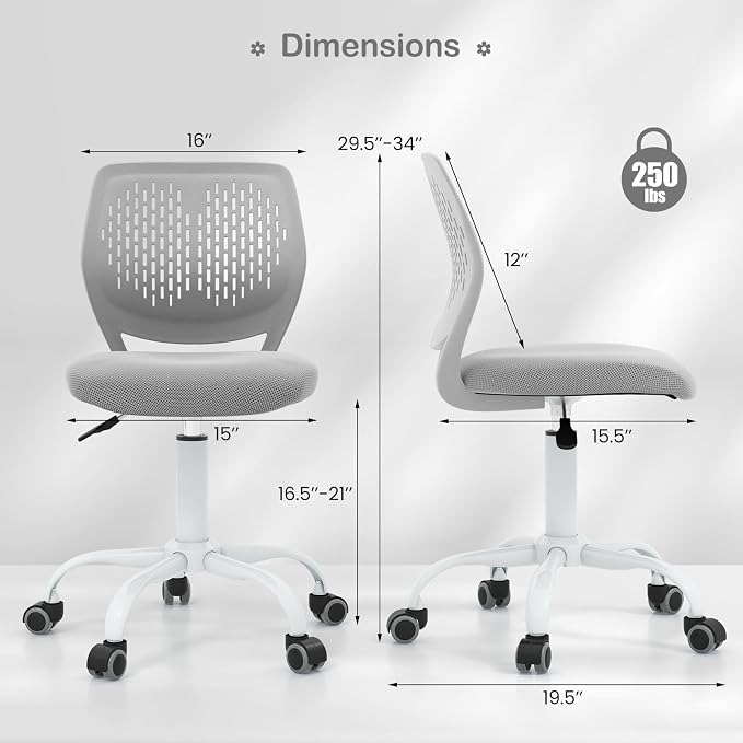 Giantex Kids Desk Chair, Adjustable Children Study Chair, Swivel Armless Mesh Task Office Chair, Computer Desk Chair with Adjustable Height & Lumbar Support (Grey)