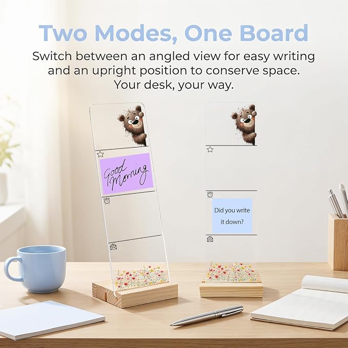 Sticky Note Holder, Monitor Memo Board, Acrylic Post It Note Holder with Wooden Base, Includes 200 Notes, Desk Organizer for Office Cute Bear Design