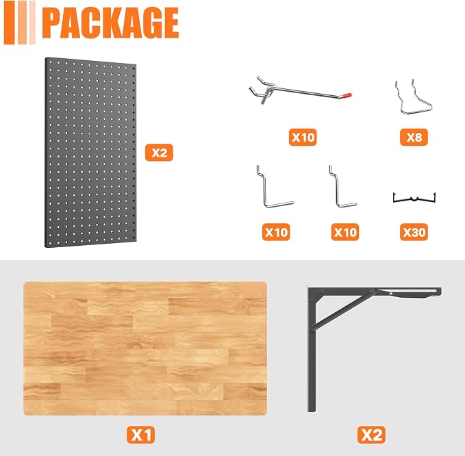 TORACK Wall Folding Workbench with Pegboard Kit, Space-Saving Collapsible Wall Table/Desk for Garage Workshop, Holds Up to 550 lbs(Board Size: 47.25 x 22.75 in)