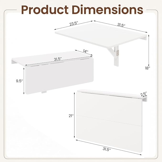 Tangkula 31.5" Wall Mounted Folding Desk, Drop-Leaf Floating Desk with Spacious Surface, Space-Saving Foldable Wall Table for Study, Bedroom, Laundry, Balcony & Small Spaces