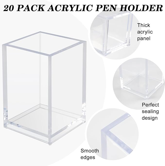 20 Pack Clear Acrylic Pen Holders For Desk, Pencil Cup Makeup Brush Holders | Square Acrylic Pen Cups For Pens, Markers And Makeup Brushes; Desktop Organizer For Office, School, Home And Vanity Supplies