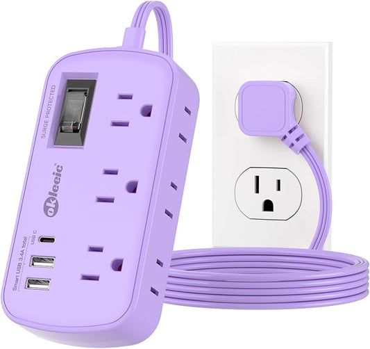 Purple Extension Cord with Surge Protected - Cute Travel Power Strip with 6 AC Outlet 3 USB (1 USB-C) Charging Station, Purple Desk Accessories Wall Mountable Cute Kawaii Lavender Office Dorm Room