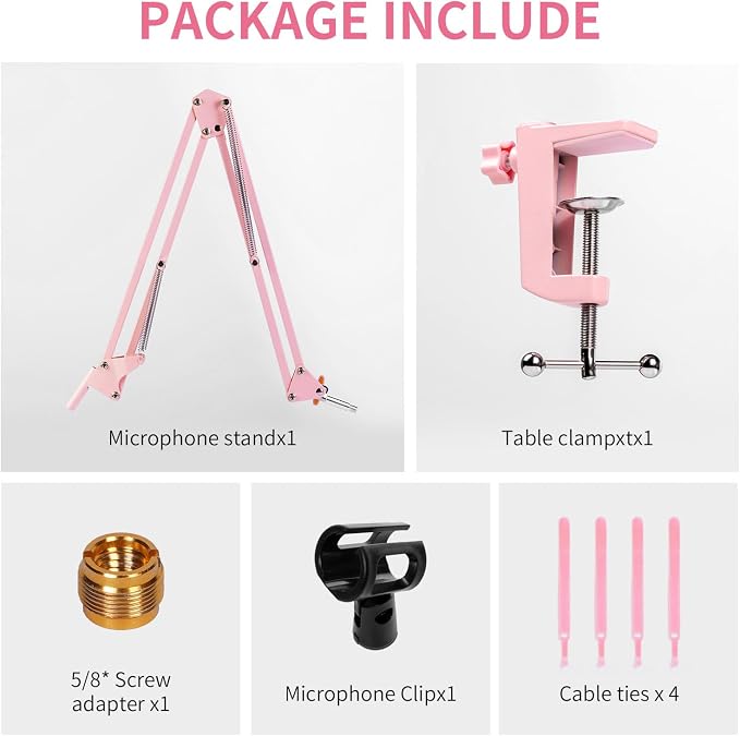 FEELWORLD AMS1 Microphone Boom Arm, Adjustable Mic Arm Stand with 3/8” to 5/8” Screw, Compatible with PM1 and other Mics for Podcast Straming Gaming Studio （Pink)