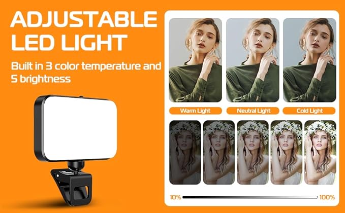 Selfie Ring Light (Latest) 66 LED 3 Colors 5 Levels 360 Degree Rotation Flexible High Brightness (Long Battery) Type-C Fast Charge Fill Portable Clip Light for Phones, Camera, Laptop, ipad, Webcam