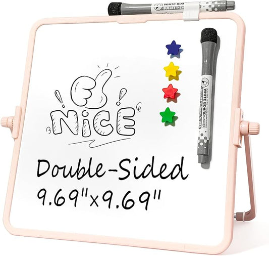 Colorful Dry Erase White Board 9.7x9.7in, Magnetic Desktop Board with Stand, 2 Markers (Eraser Head), 4 Magnets - Double-Sided Easel for Daily Planning, Memo, Office/Home/School (Pink)