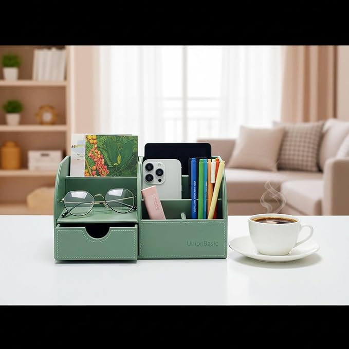 UnionBasic Desk Organizer - Multifunctional Leather Desktop Pen Holder Storage Box - Business Card/Pen/Pencil/Mobile Phone/Stationery Holder, Malachite Green